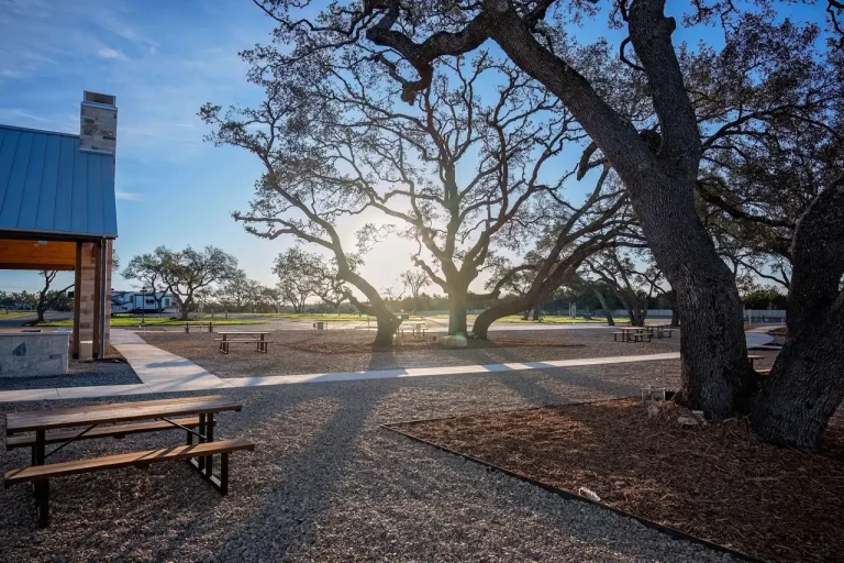 exterior view of RV site amongst trees and grass