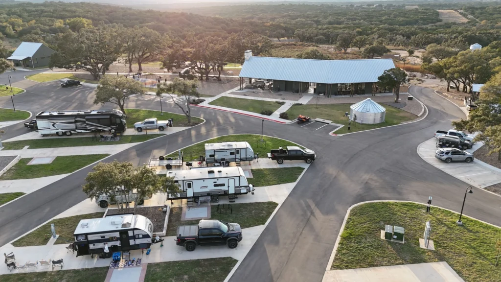Horseshoe Ridge RV Resort in Texas  aerial view of parked RVs in parking lot