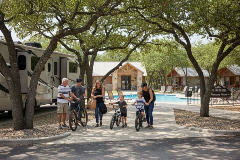 family RV arrival Hill Country