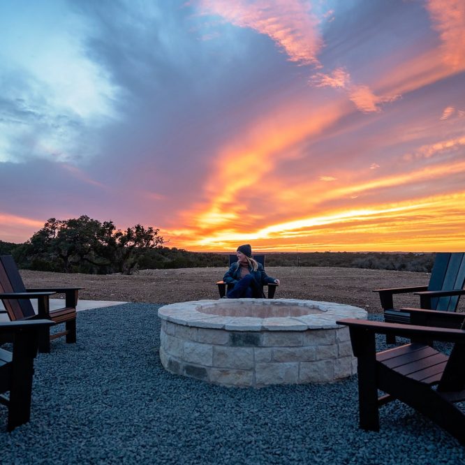 Horseshoe RV Resort Wimberley, TX fire pits during sunset